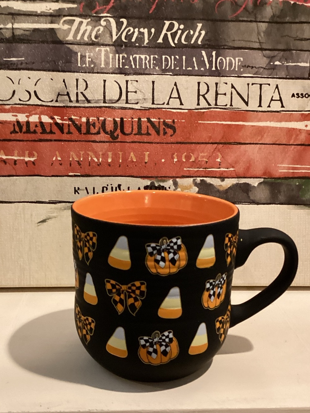 Black Soft Touch Candy Corn and Pumpkin Halloween Mug
